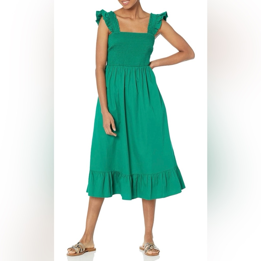 Ultramarine green The Drop Womens Kimi Ruffled Shoulder Smocked Midi Dress. XS